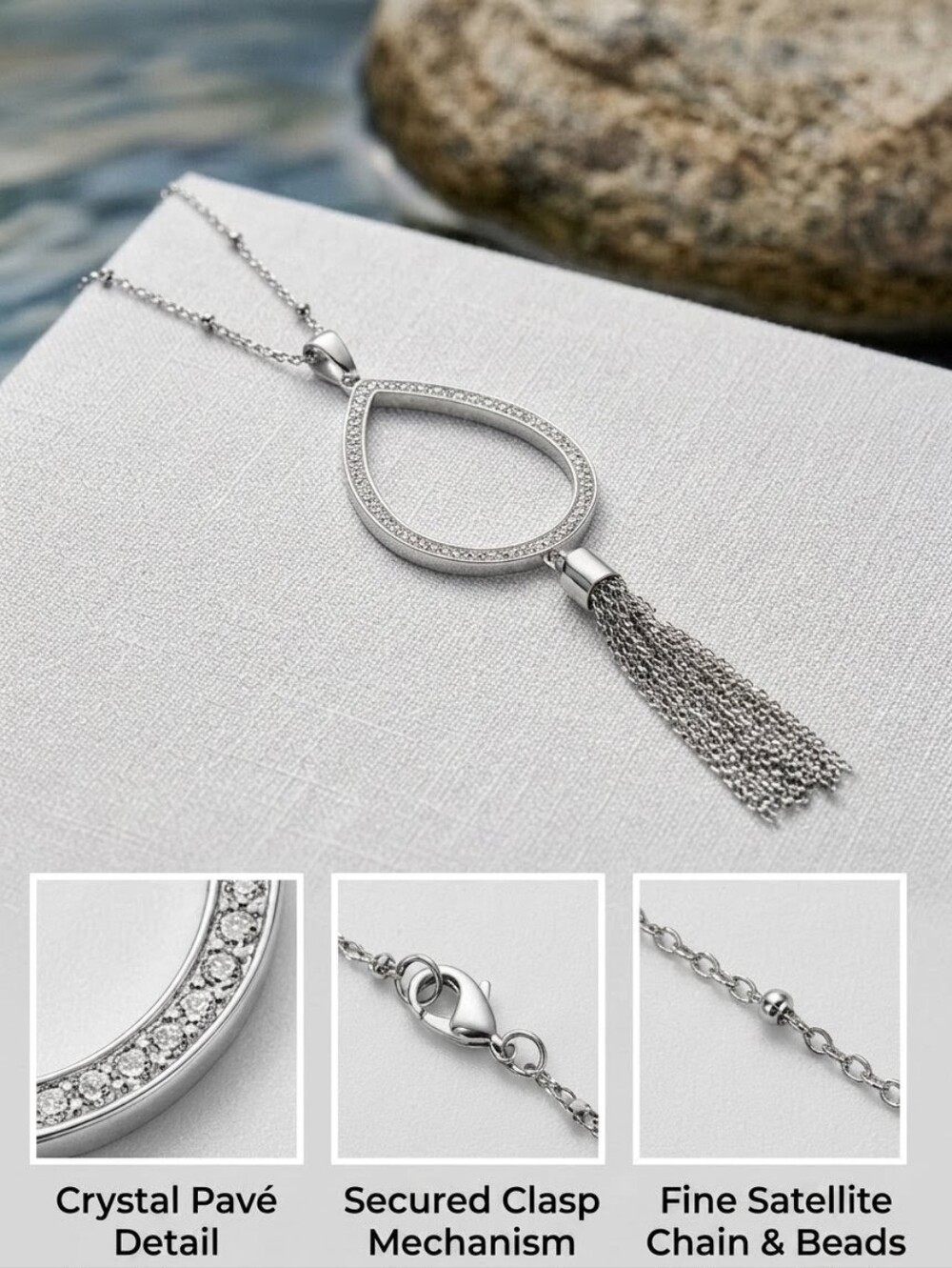 Swarovski Crystal Pavé Teardrop Tassel Necklace  925 Silver Overlay | Rhodium - Picture 3 of 5